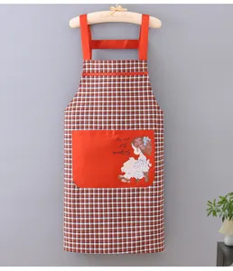 Red plaid kitchen apron for women, breathable cotton smock with pocket, home cooking workwear.