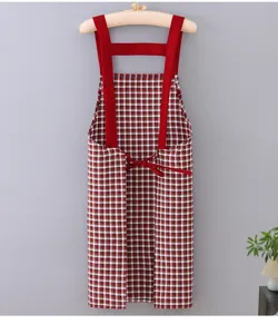 Red white plaid cotton kitchen cooking apron for women housework coverall detail view