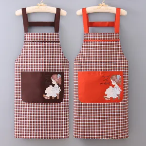 Women Cotton Blend Apron Waterproof Anti-Fouling Kitchen Cooking Bib Apron Cute Girl Print Pocket Home Working Apron