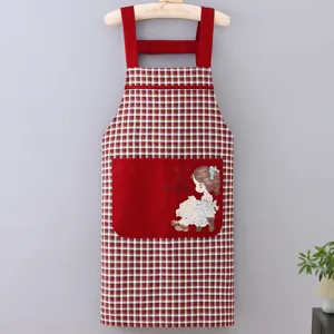 Women red plaid cotton kitchen apron with front pocket and cute girl print for cooking baking