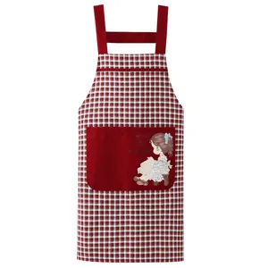 Red plaid kitchen apron with H-straps and pocket girl illustration for women cooking