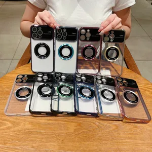 Funda de teléfono magnética transparente galvanizada con protección de lente para iPhone 14 Pro Max.