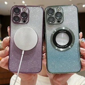 Glitter electroplated magnetic TPU phone case for iPhone, stylish gradient design with MagSafe.