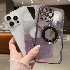 Glitter gradient magnetic TPU phone case for iPhone 14 Pro Max, stylish electroplated design.