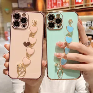 Electroplated Love Heart Chain Phone Case for iPhone, Luxury Gold Edge Soft TPU Cover