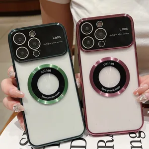 Vista detallada de la funda de teléfono magnética galvanizada con gran protección de lentes.