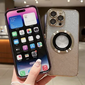 Glitter Magnetic Phone Case for iPhone 14 Pro Max Electroplated Ring TPU Cover Shiny