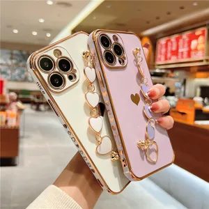 Electroplated iPhone case with cute heart wrist chain luxury electroplate protective cover