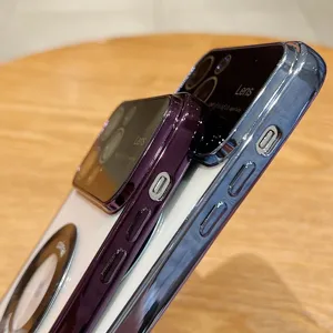 Primer plano detallado de funda de teléfono magnética galvanizada con protección de lente.