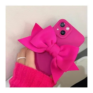 Bright pink iPhone case with large 3D fabric bow, stylish and sweet design for women.