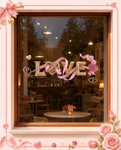 Detailed view of golden 'LOVE' static window sticker with pink ribbons for shop decoration