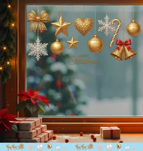 Detailed view of golden Christmas window stickers with festive ornaments and snowflakes