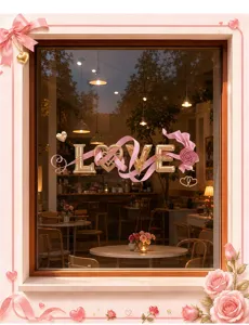Elegant gold 'LOVE' window sticker with pink ribbons for romantic shop decor