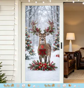 Gros plan d'un autocollant statique de renne de Noël sur une porte coulissante en verre