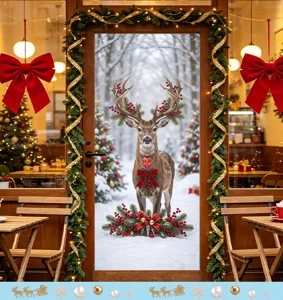 Autocollant de porte statique renne de Noël montrant une vue décorative et festive