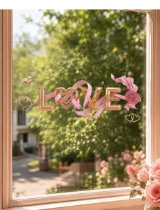 Macro detail of 3D golden LOVE glass sticker with pink ribbons and rose for Valentine's