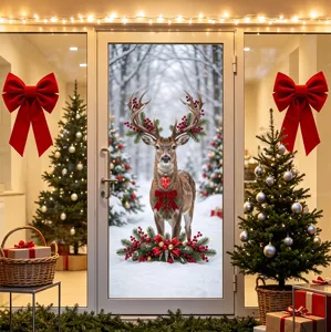 Autocollant statique renne de Noël pour vitre affiché sur une porte en verre.