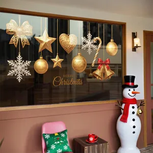Festive gold Christmas window stickers with ornaments and Merry Christmas text.