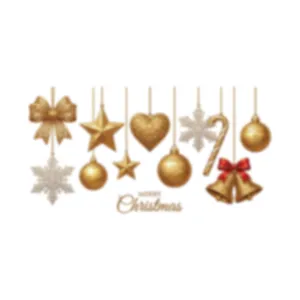 Festive golden Christmas window stickers with bells, stars and snowflakes.