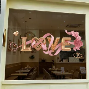 Golden LOVE 3D window static sticker with pink ribbon for romantic holiday decor