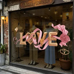 3D gold LOVE window sticker with pink ribbons for Valentine's Day store decor.