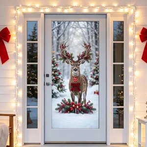 Autocollant de porte en verre cerf de Noël avec forêt enneigée et lumières chaudes