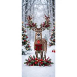 Sticker mural renne de Noël pour porte vitrée et fenêtre avec scène de forêt festive