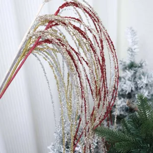 Close-up view of glitter Christmas decorative branches, red gold silver floral stems for bucket.