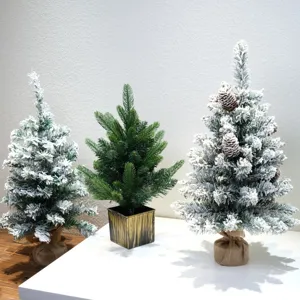 Detailaufnahme von Mini Weihnachtsbaeumen mit schnee bedeckten Zweigen und Tannenzapfen.