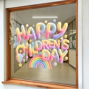 Colorful 3D balloon style Happy Children's Day static window stickers with rainbow and stars