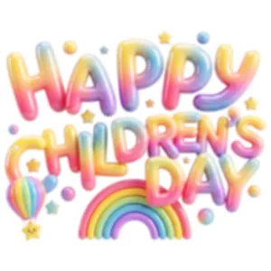 Colorful 'Happy Children's Day' window stickers with rainbow and hot air balloon