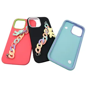 Liquid silicone phone case with cute bear chain strap, shockproof protective back cover.