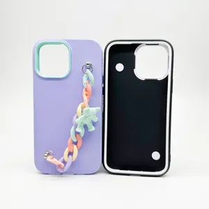Silicone phone case with pastel chain and cute bear charm, shockproof protective cover.