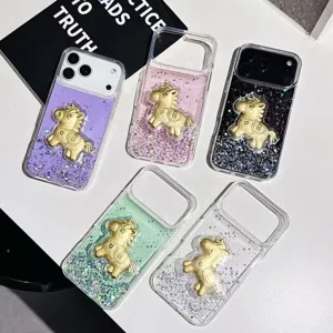 TPU Phone Case With Glitter Silver Foil And Gold Horse Decor Protective Cover For iPhone