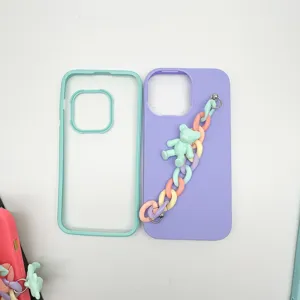 Silicone phone case with cute colorful chain and bear charm for smartphone protection accessory