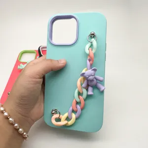 Silicone phone case with pastel chain and cute bear pendant for daily stylish protection