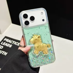 Glitter epoxy phone case for iPhone 16 15 14 Pro Max shiny gold lucky horse cover