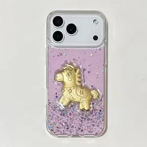 Clear TPU phone case with purple glitter and 3D gold horse ornament for iPhone 16 15 14 Pro Max