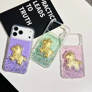 Apple iPhone glitter epoxy phone case with cute gold horse design protective cover.