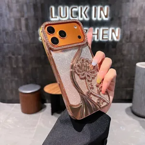 Coque de téléphone strass et paillettes de luxe avec vigne de fleurs 3D pour iPhone 16