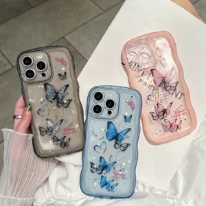 Koreaanse stijl glitter epoxy vlinder golf telefoonhoesje voor iPhone 14 en 15 Max