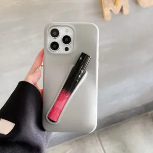 Silicone phone case with lipstick slot for iPhone 15 14 Pro Max soft back cover pink