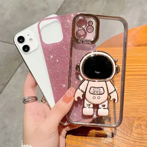 Plating astronaut phone case with glitter insert, luxury stand cover for iPhone 14 13 Pro Max