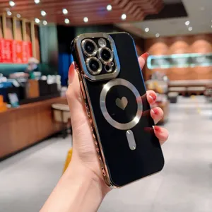 Elegante custodia per telefono magnetica galvanizzata con motivo a cuore, cover morbida.