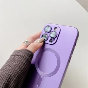 Detailed view of electroplated magnetic phone case in purple with integrated camera lens protector.
