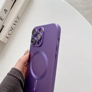 Purple MagSafe compatible phone case with camera protection for iPhone detail shot.
