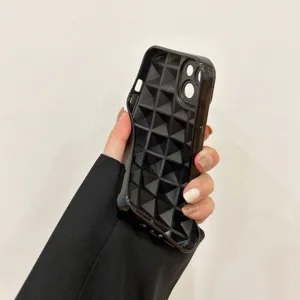 Detailed view of a sleek black 3D geometric pyramid grid iPhone case for daily protection