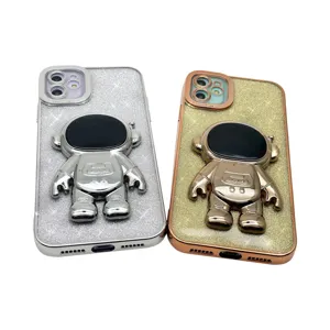 Plating astronaut phone case with glitter powder for iPhone, luxury shiny bracket cover