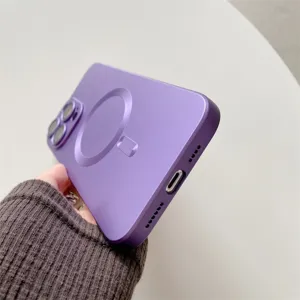 Purple electroplated magnetic phone case with MagSafe ring and camera protection lens detail.