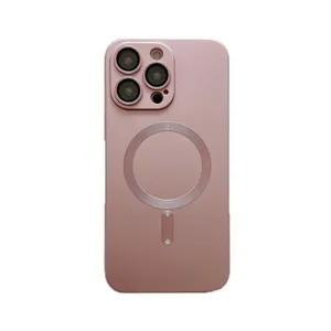 Pink electroplated MagSafe phone case compatible with iPhone, wireless charging cover.